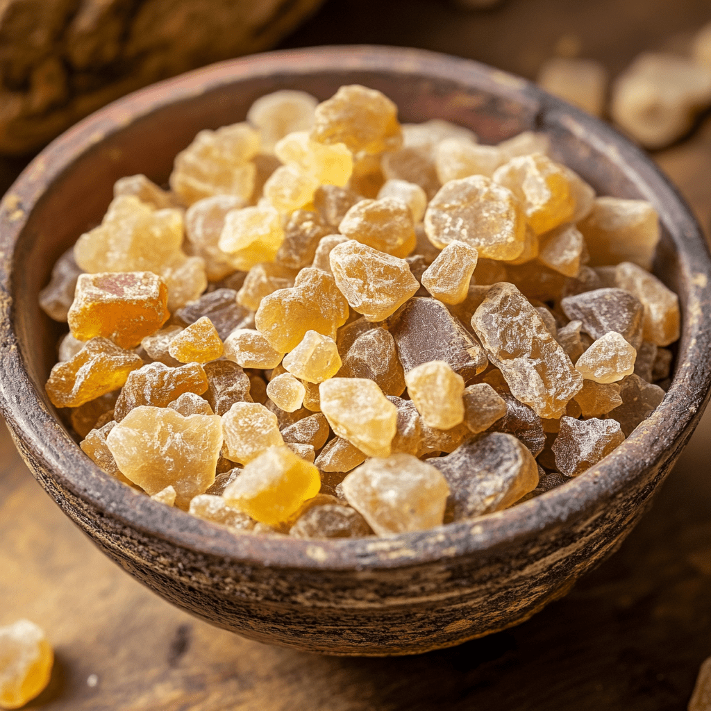 Sifted frankincense incense in a wooden bowl for spiritual rituals and meditation.