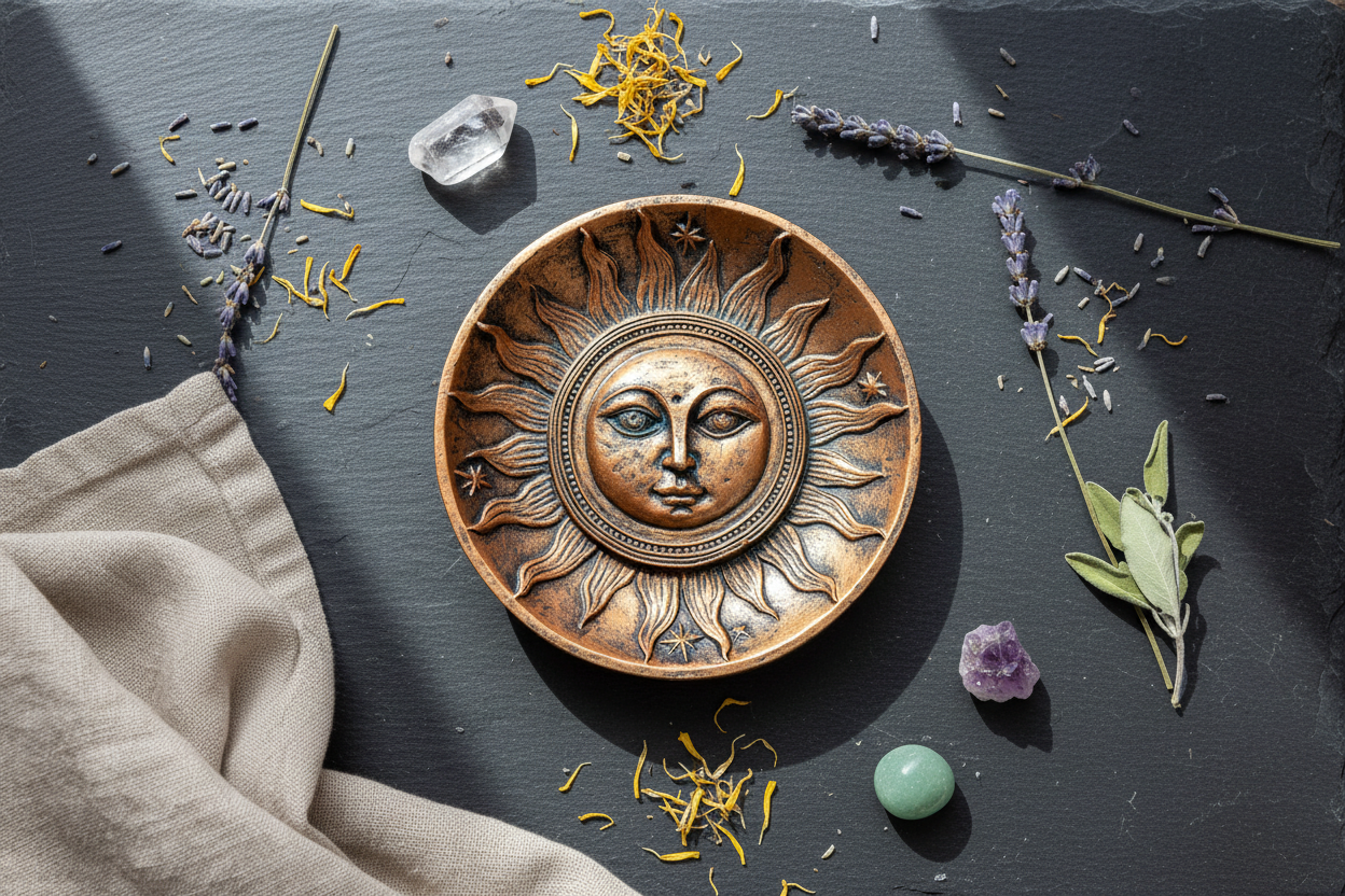Bronze Sun Stick Incense Burner, 5 Inches, shown in use