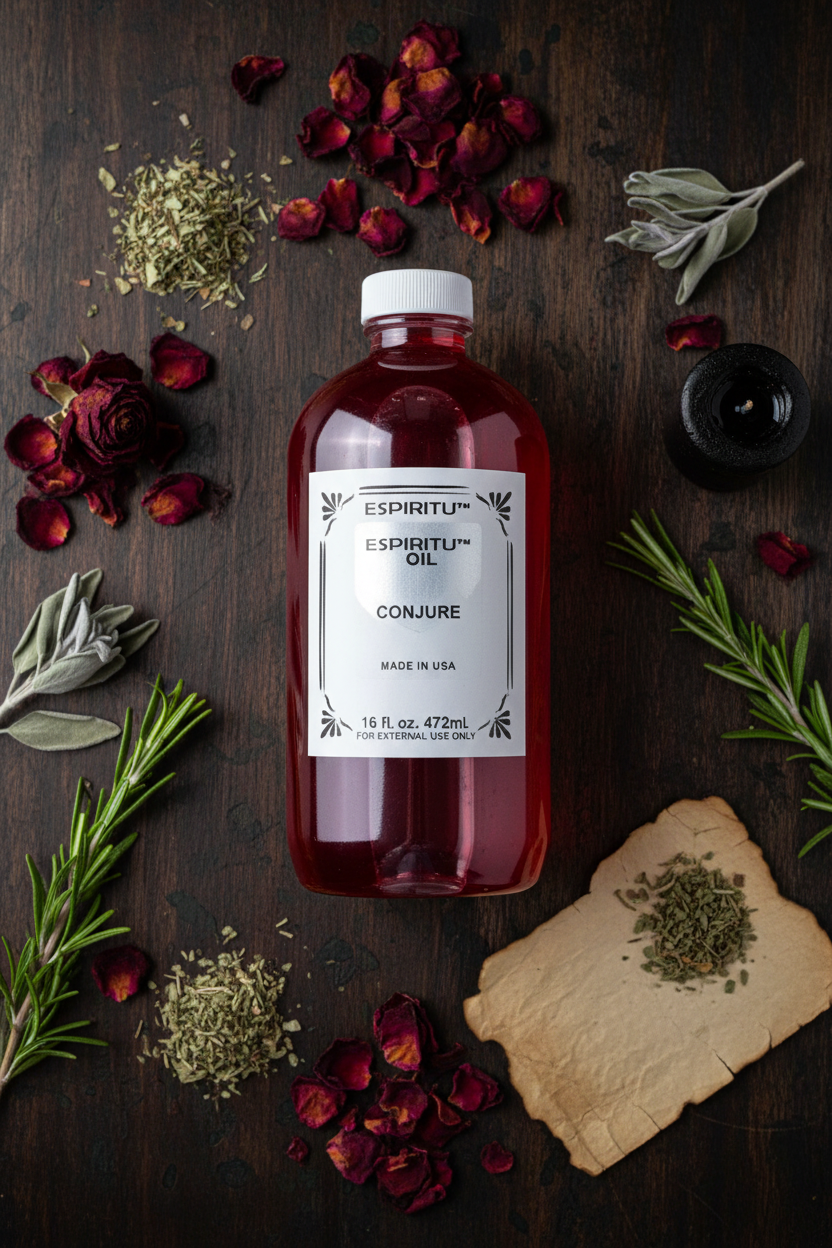 Conjure Oil by Espiritu, 16oz, detail view