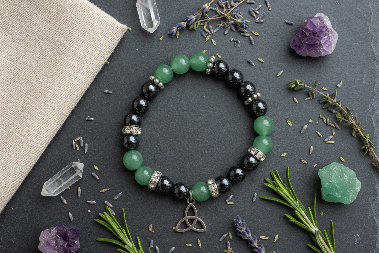 Green Aventurine Hematite Triquetra Bracelet, 8mm, shown in use