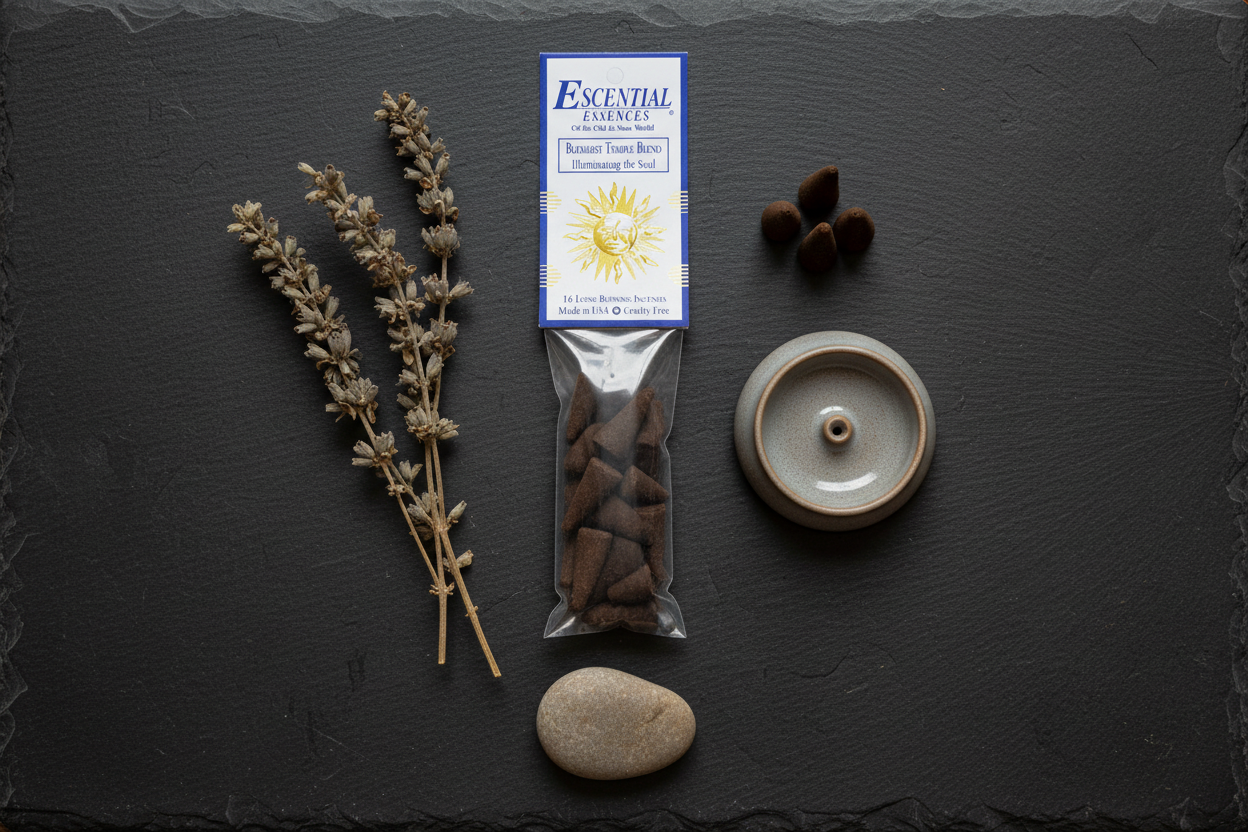 Buddhist Temple Blend Incense Cones For Meditation by Escential Essences, 16 Cones, shown in use