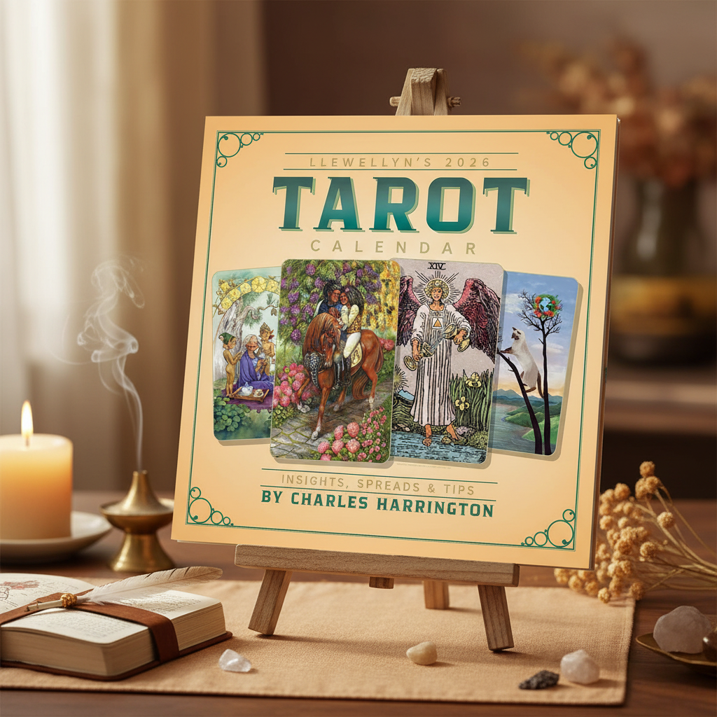 You will be generating high-quality product photos for an online stores product page. The product images should closely match the original products.
Here is the prompt (IMPORTANT!): """A cinematic scene showcasing the Llewellyn's Tarot Calendar in a