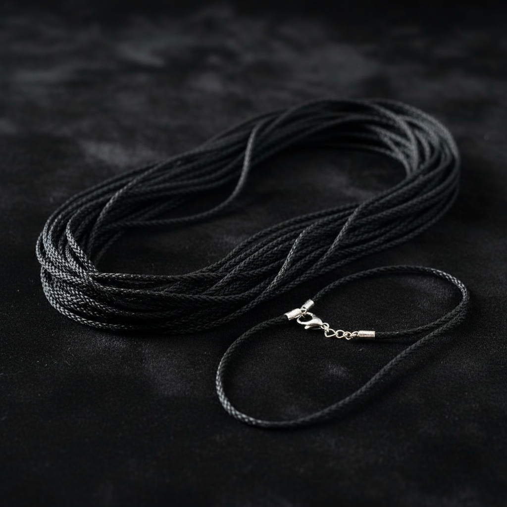 You will be generating high-quality product photos for an online stores product page. The product images should closely match the original products.
Here is the prompt (IMPORTANT!): """A close-up, ultra-detailed shot of a single 24' braided black cor