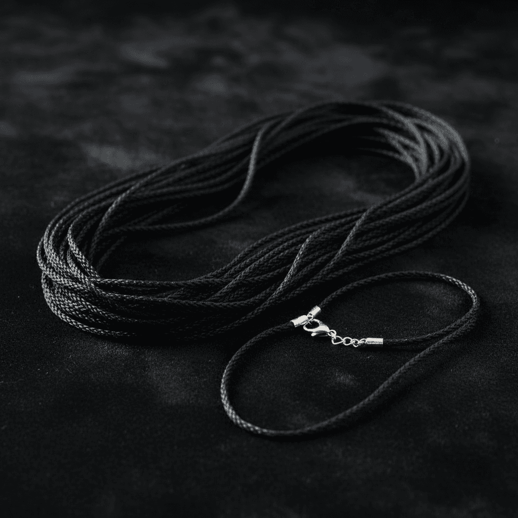 You will be generating high-quality product photos for an online stores product page. The product images should closely match the original products.
Here is the prompt (IMPORTANT!): """A close-up, ultra-detailed shot of a single 24' braided black cor
