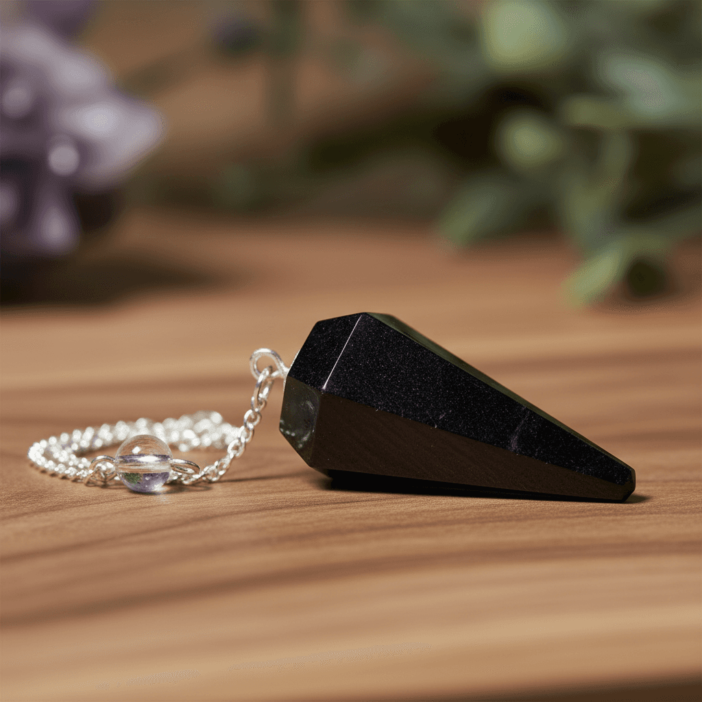 You will be generating high-quality product photos for an online stores product page. The product images should closely match the original products.
Here is the prompt (IMPORTANT!): """A detailed macro shot of a 6-sided Black Tourmaline Pendulum rest