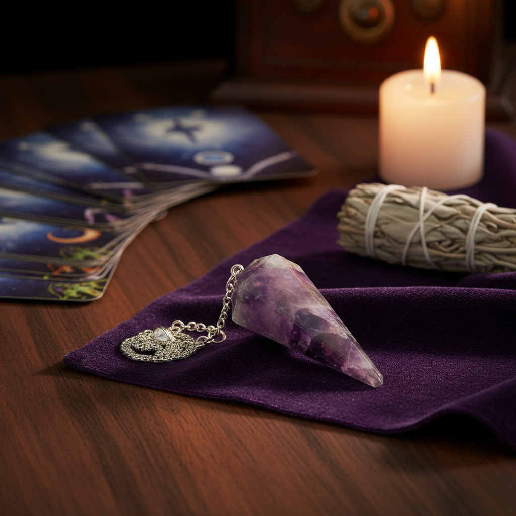 You will be generating high-quality product photos for an online stores product page. The product images should closely match the original products.
Here is the prompt (IMPORTANT!): """A professional studio scene depicting the 6-Sided Amethyst Pendul