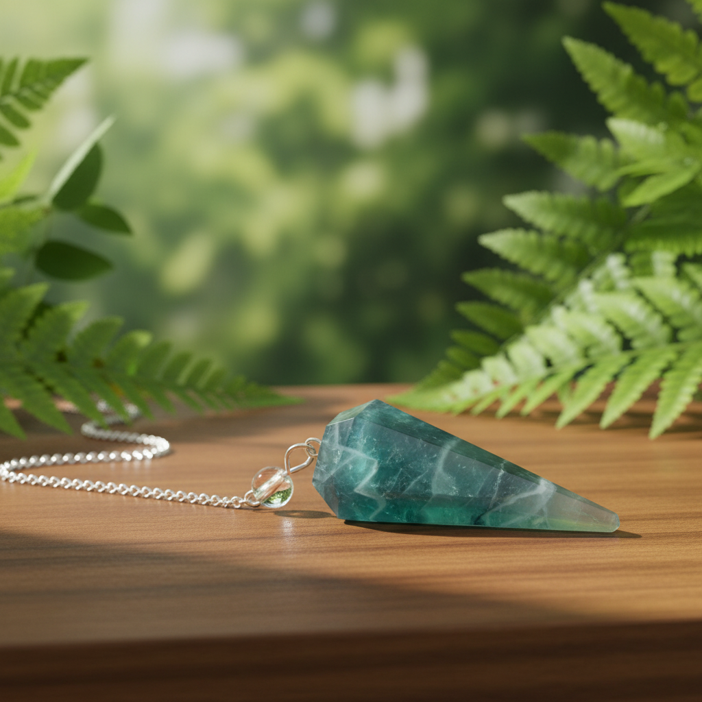 You will be generating high-quality product photos for an online stores product page. The product images should closely match the original products.
Here is the prompt (IMPORTANT!): """A tranquil, naturalistic setting showing the Green Fluorite Pendu