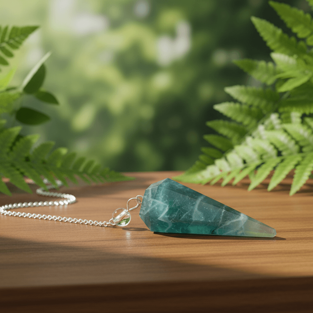 You will be generating high-quality product photos for an online stores product page. The product images should closely match the original products.
Here is the prompt (IMPORTANT!): """A tranquil, naturalistic setting showing the Green Fluorite Pendu