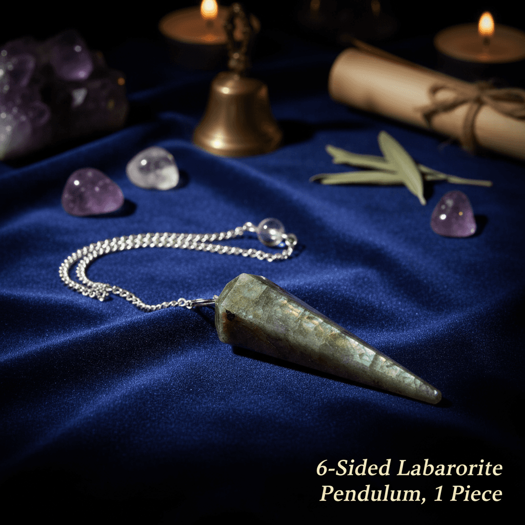 You will be generating high-quality product photos for an online stores product page. The product images should closely match the original products.
Here is the prompt (IMPORTANT!): """A close-up, high-res shot of the 6-sided Labradorite pendulum lyi