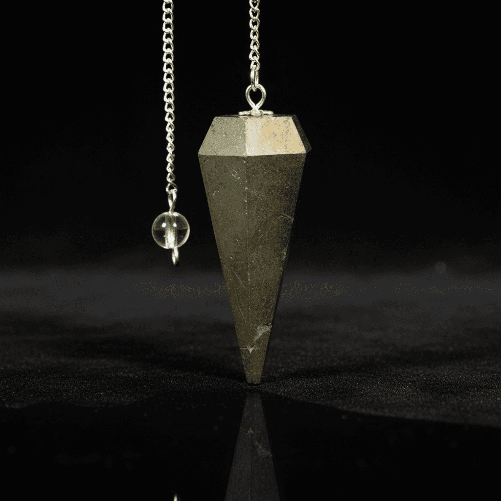You will be generating high-quality product photos for an online stores product page. The product images should closely match the original products.
Here is the prompt (IMPORTANT!): """A close-up, highly detailed image of the 6-sided pyrite pendulum