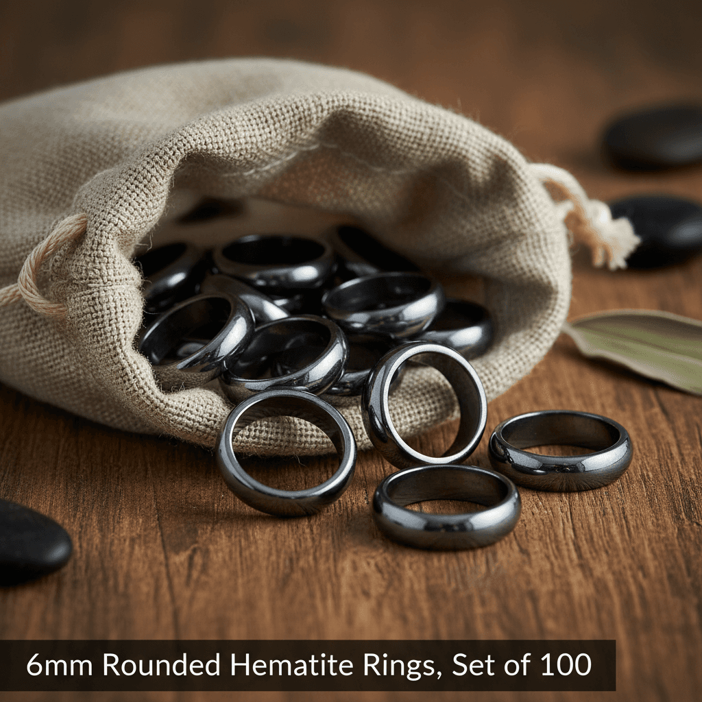 You will be generating high-quality product photos for an online stores product page. The product images should closely match the original products.
Here is the prompt (IMPORTANT!): """A cinematic, high-resolution shot of the 6mm Rounded Hematite Rin