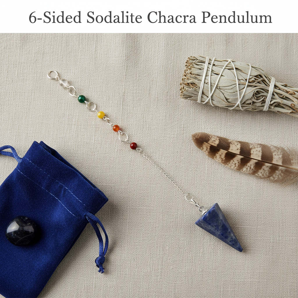 You will be generating high-quality product photos for an online stores product page. The product images should closely match the original products.
Here is the prompt (IMPORTANT!): """An aesthetic flat lay arrangement of the 6-Sided Sodalite Chakra