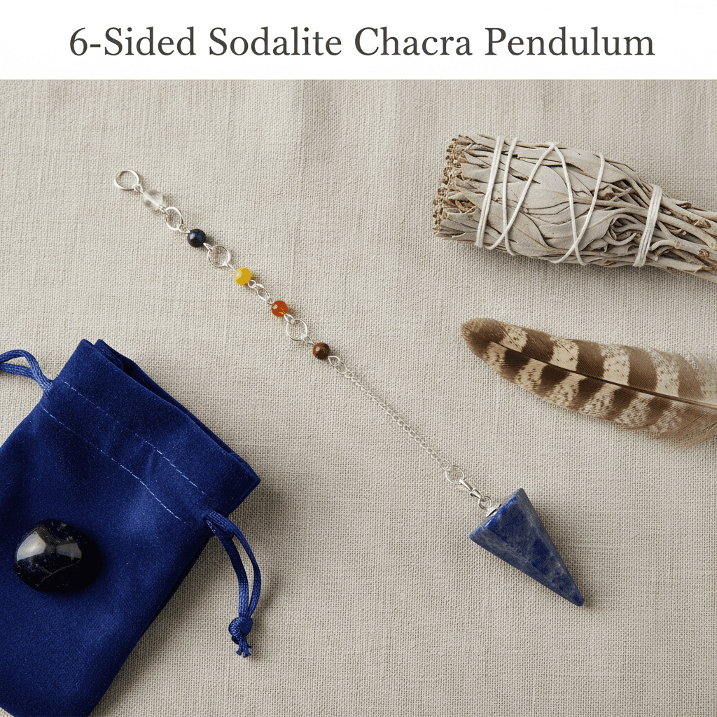 You will be generating high-quality product photos for an online stores product page. The product images should closely match the original products.
Here is the prompt (IMPORTANT!): """An aesthetic flat lay arrangement of the 6-Sided Sodalite Chakra
