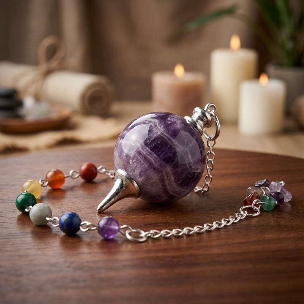 You will be generating high-quality product photos for an online stores product page. The product images should closely match the original products.
Here is the prompt (IMPORTANT!): """A highly detailed, photorealistic close-up of a 7 Chakra Amethyst