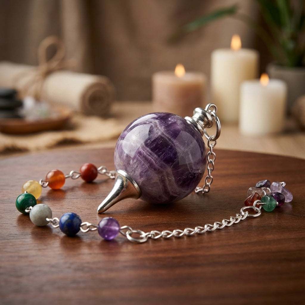 You will be generating high-quality product photos for an online stores product page. The product images should closely match the original products.
Here is the prompt (IMPORTANT!): """A highly detailed, photorealistic close-up of a 7 Chakra Amethyst