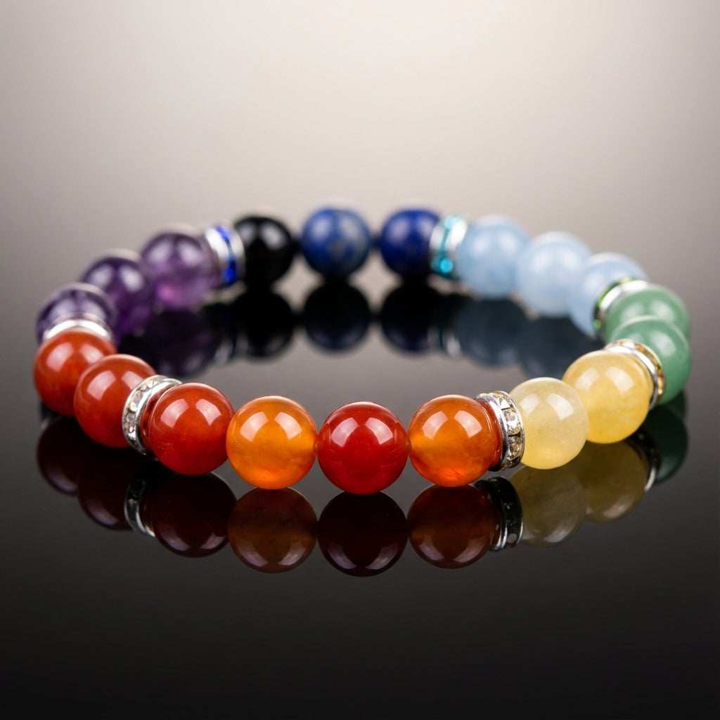 You will be generating high-quality product photos for an online stores product page. The product images should closely match the original products.
Here is the prompt (IMPORTANT!): """A photorealistic close-up of a 7 Chakra Beaded Bracelet consistin