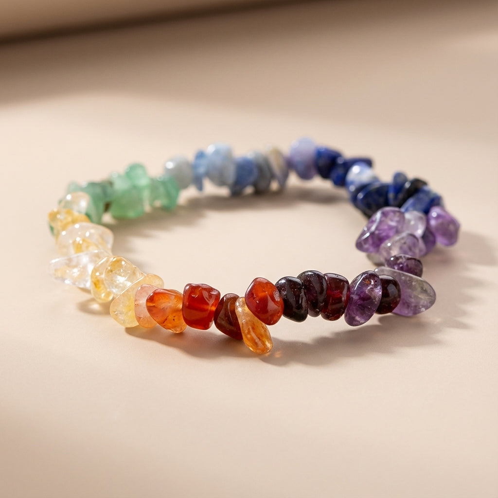 You will be generating high-quality product photos for an online stores product page. The product images should closely match the original products.
Here is the prompt (IMPORTANT!): """Create a photorealistic image of a 7 Chakra Chip Bracelet, set ag