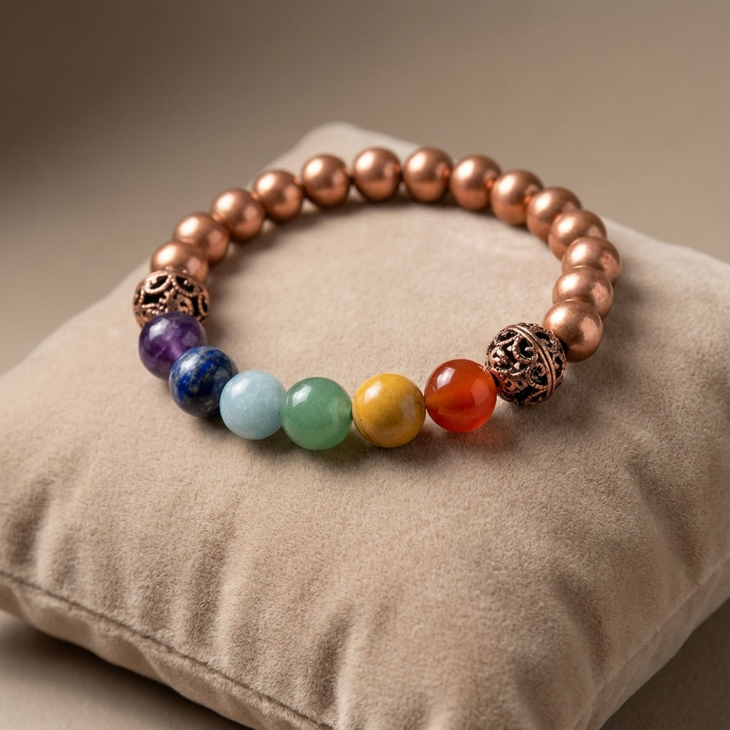 You will be generating high-quality product photos for an online stores product page. The product images should closely match the original products.
Here is the prompt (IMPORTANT!): """Create a highly detailed, photorealistic image of a 7 Chakra Copp