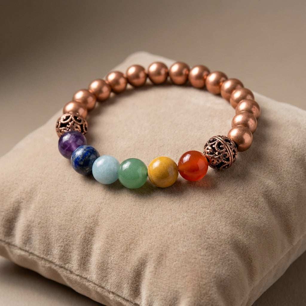 You will be generating high-quality product photos for an online stores product page. The product images should closely match the original products.
Here is the prompt (IMPORTANT!): """Create a highly detailed, photorealistic image of a 7 Chakra Copp