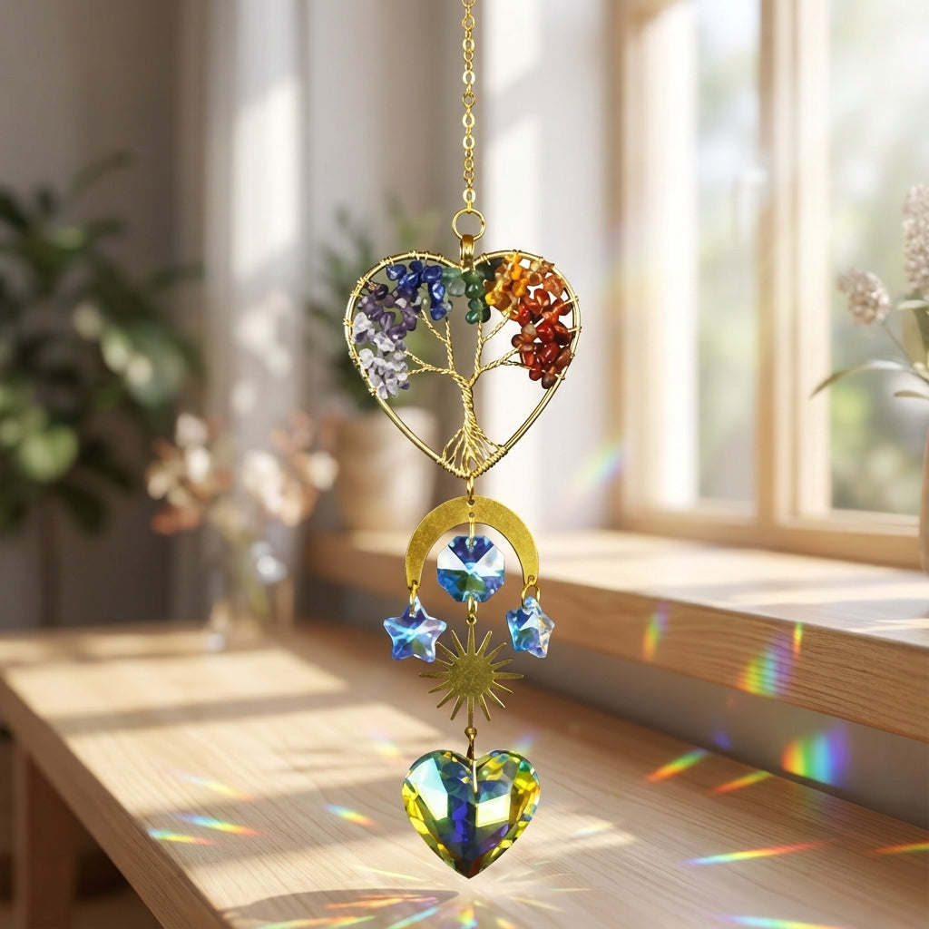 You will be generating high-quality product photos for an online stores product page. The product images should closely match the original products.
Here is the prompt (IMPORTANT!): """Capture a photorealistic close-up of the 7 Chakra Heart Sun Catch