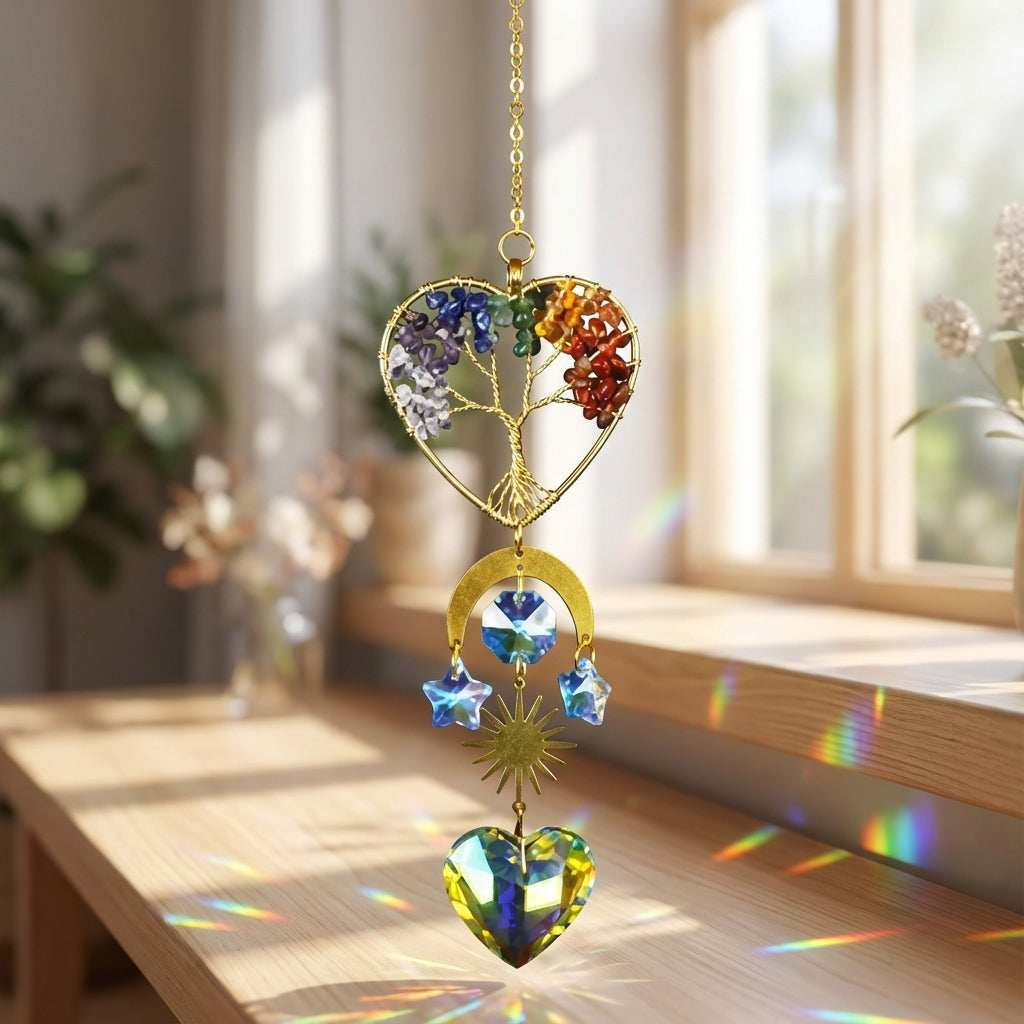 You will be generating high-quality product photos for an online stores product page. The product images should closely match the original products.
Here is the prompt (IMPORTANT!): """Capture a photorealistic close-up of the 7 Chakra Heart Sun Catch