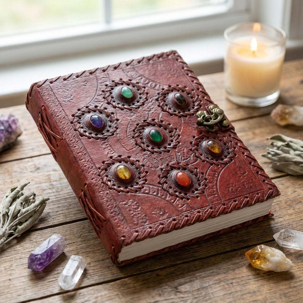 You will be generating high-quality product photos for an online stores product page. The product images should closely match the original products.
Here is the prompt (IMPORTANT!): """Create a highly detailed, photorealistic image of a 7 Chakra Leat