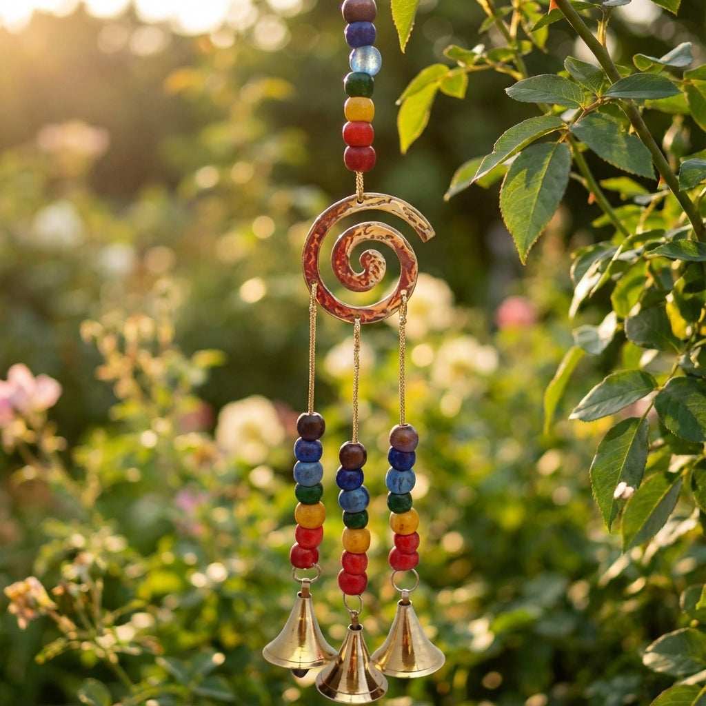 You will be generating high-quality product photos for an online stores product page. The product images should closely match the original products.
Here is the prompt (IMPORTANT!): """A highly detailed, photorealistic image of a 7 Chakra Spiral Wind