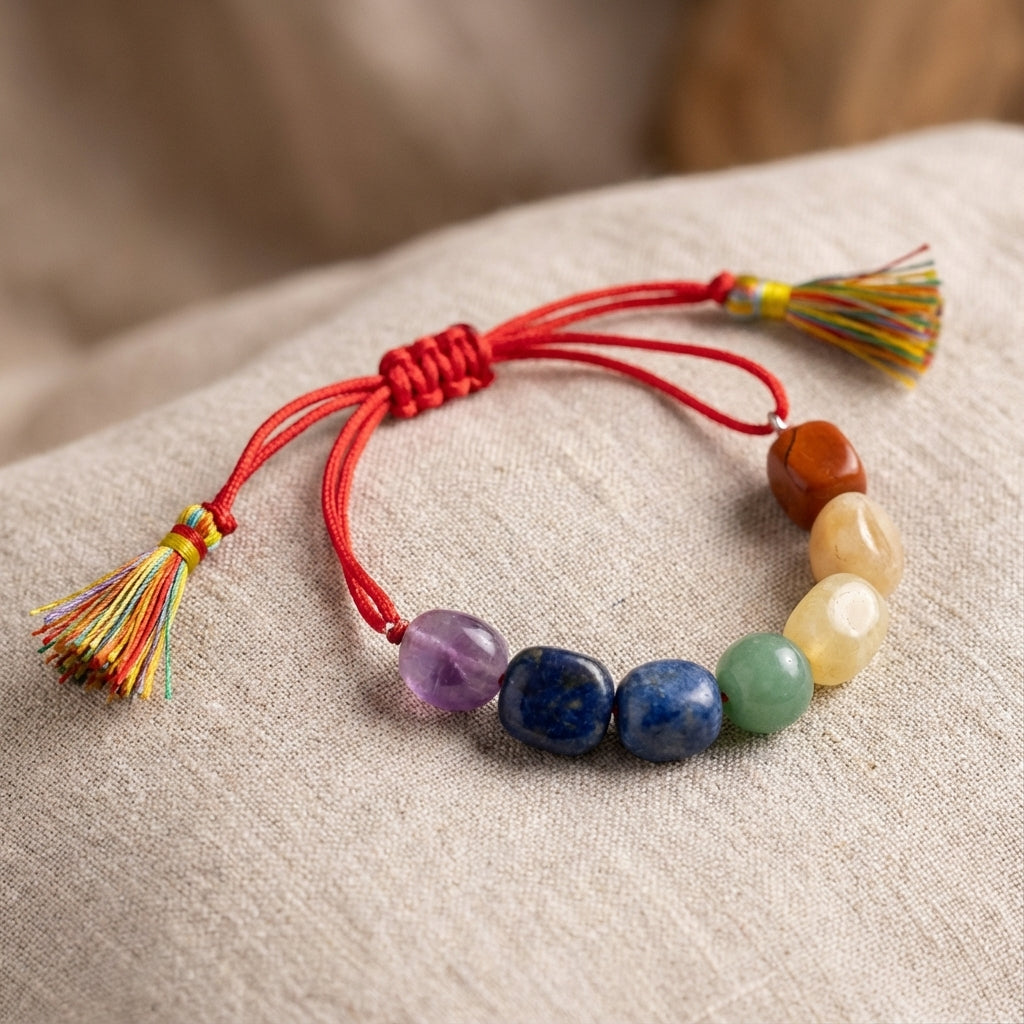 You will be generating high-quality product photos for an online stores product page. The product images should closely match the original products.
Here is the prompt (IMPORTANT!): """A highly detailed, photorealistic image of a 7 Chakra Tassel Nugg