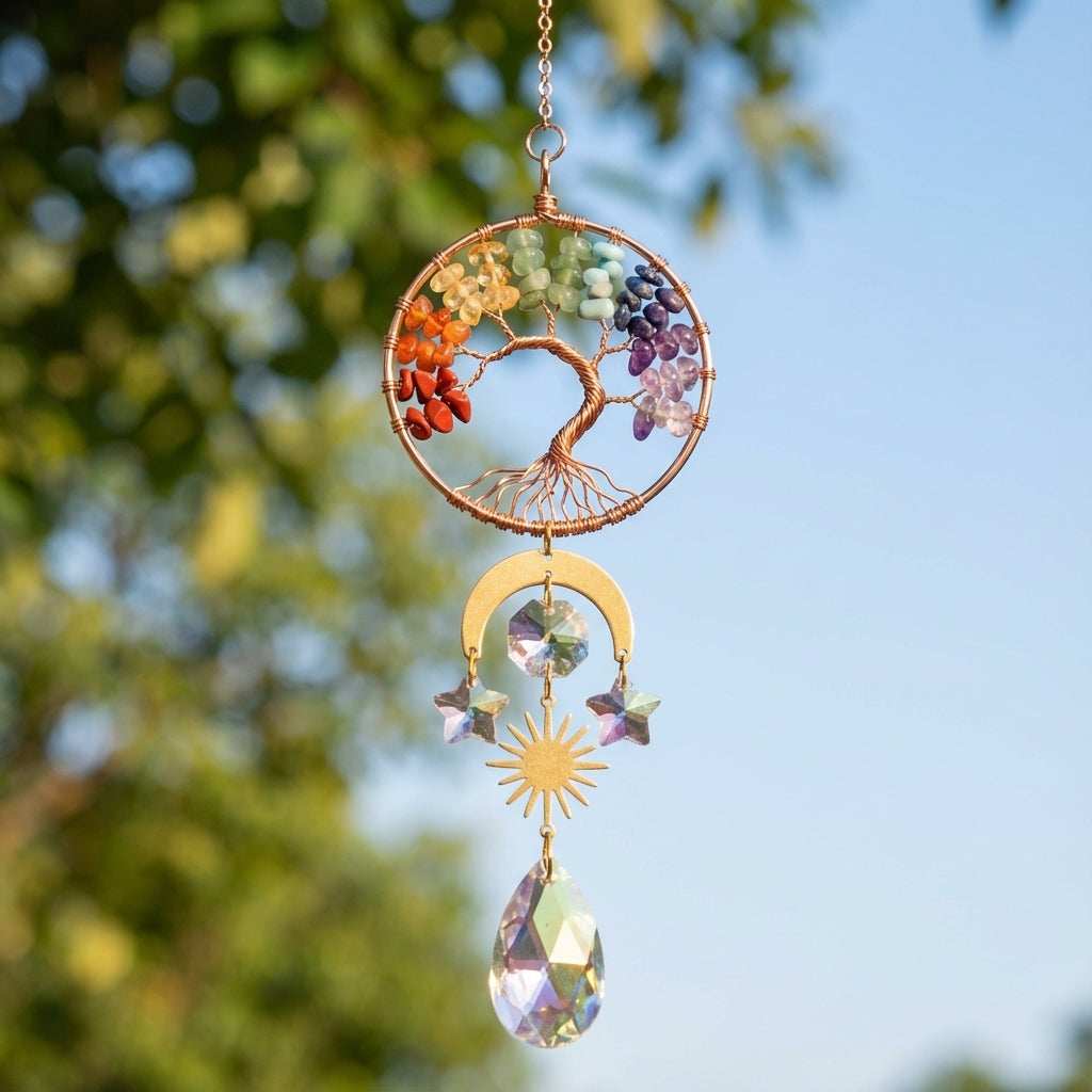 You will be generating high-quality product photos for an online stores product page. The product images should closely match the original products.
Here is the prompt (IMPORTANT!): """Capture a close-up, hyper-realistic shot of the 7 Chakra Tree of