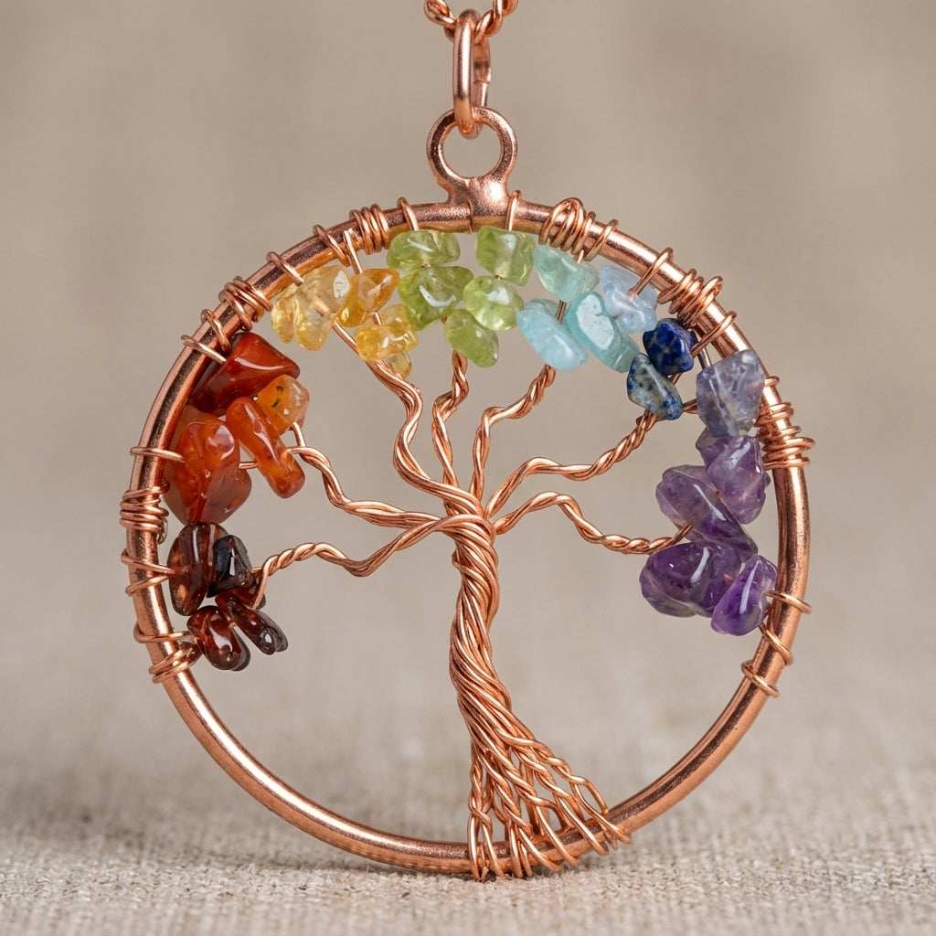 You will be generating high-quality product photos for an online stores product page. The product images should closely match the original products.
Here is the prompt (IMPORTANT!): """A photorealistic close-up shot of the 7 Chakra Tree of Life Penda
