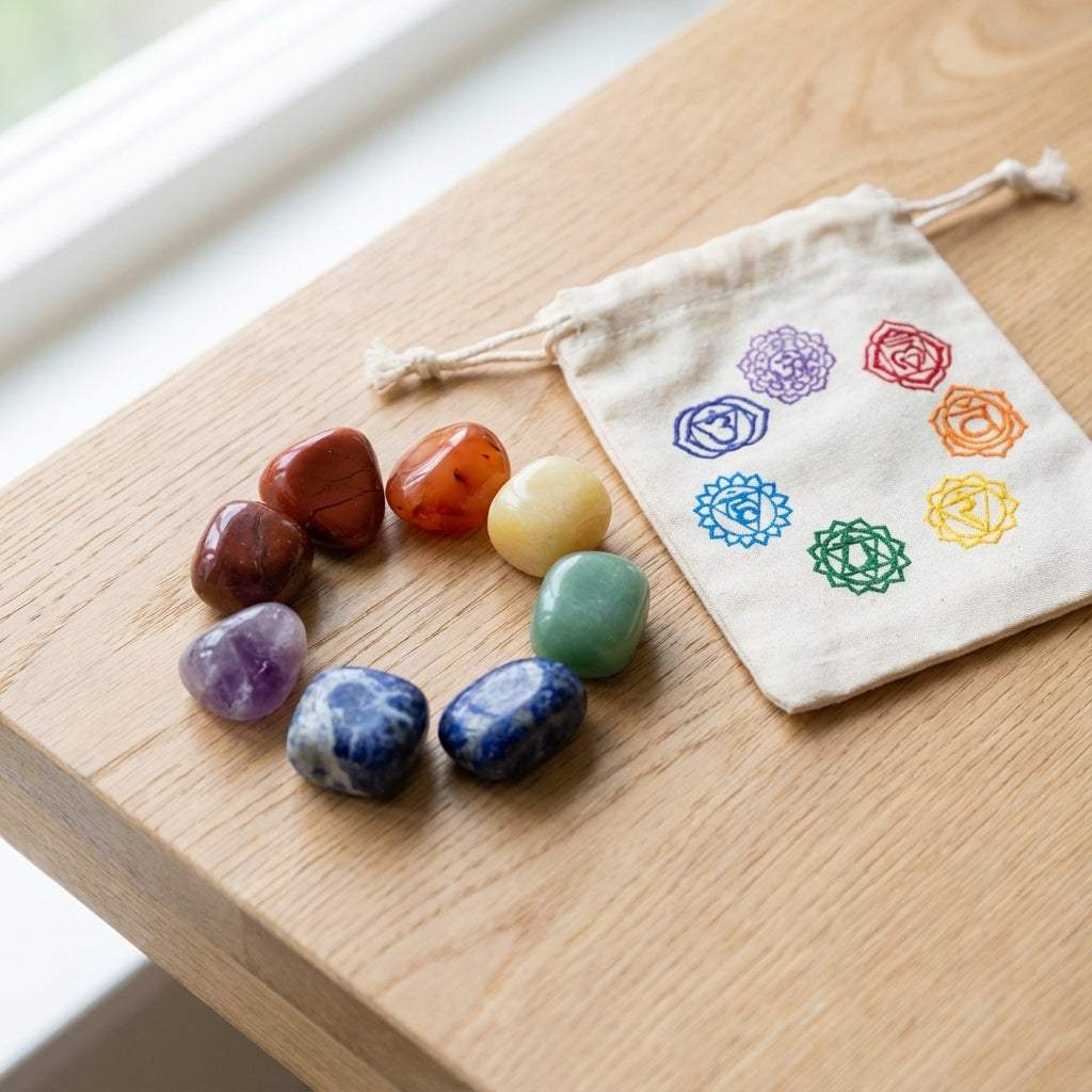 You will be generating high-quality product photos for an online stores product page. The product images should closely match the original products.
Here is the prompt (IMPORTANT!): """Present the 7 Chakra Tumbled Stones set in an elegant, naturalist