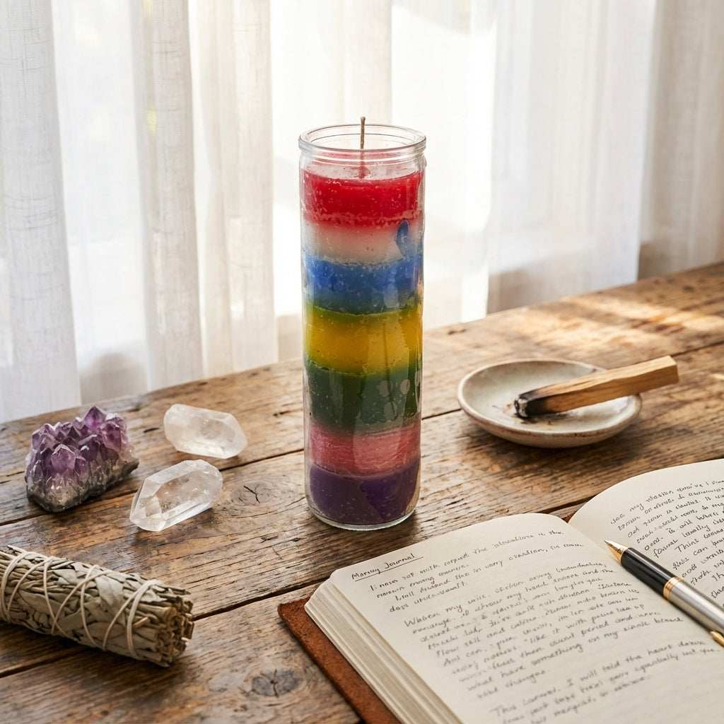 You will be generating high-quality product photos for an online stores product page. The product images should closely match the original products.
Here is the prompt (IMPORTANT!): """An elegant lifestyle scene displaying the '7 Color 7-Day Jar Cand