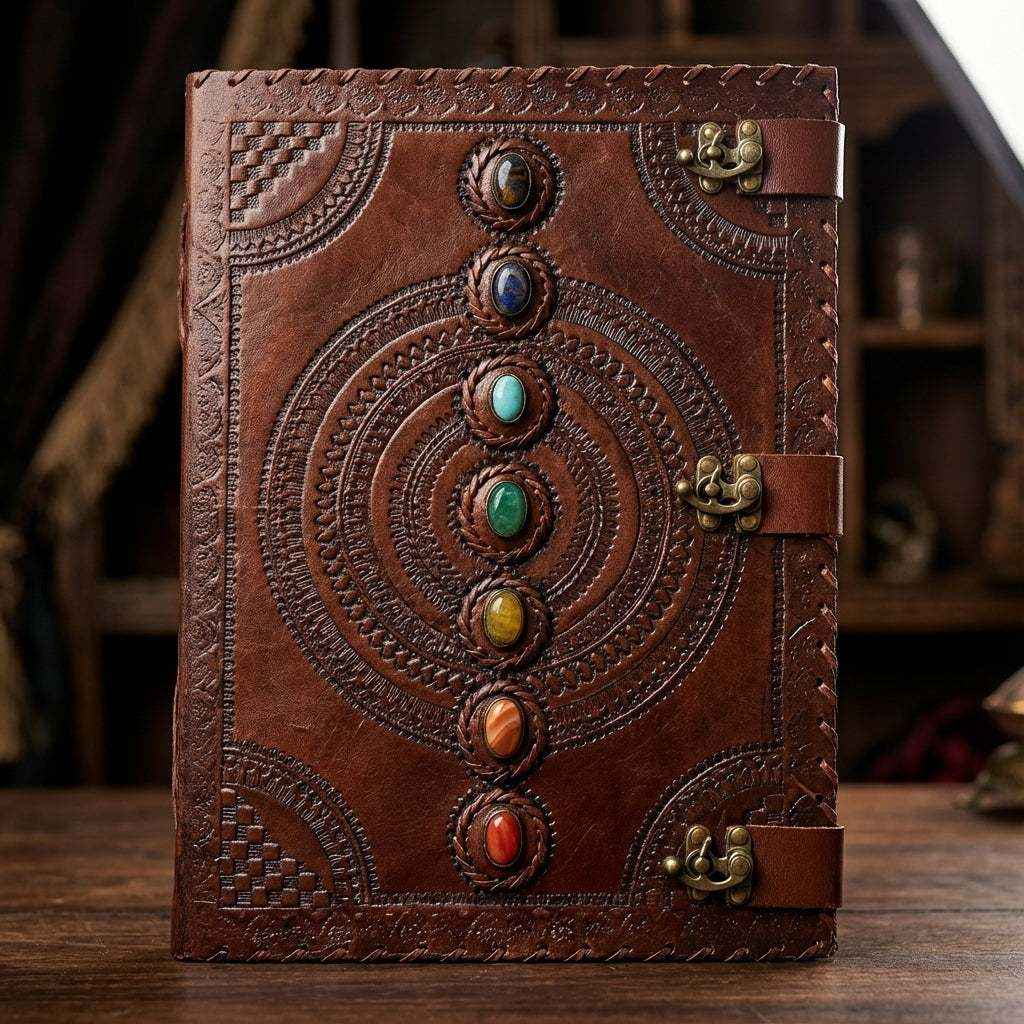 7 Stone Leather Blank Book with 3 Latches, 13 Inches