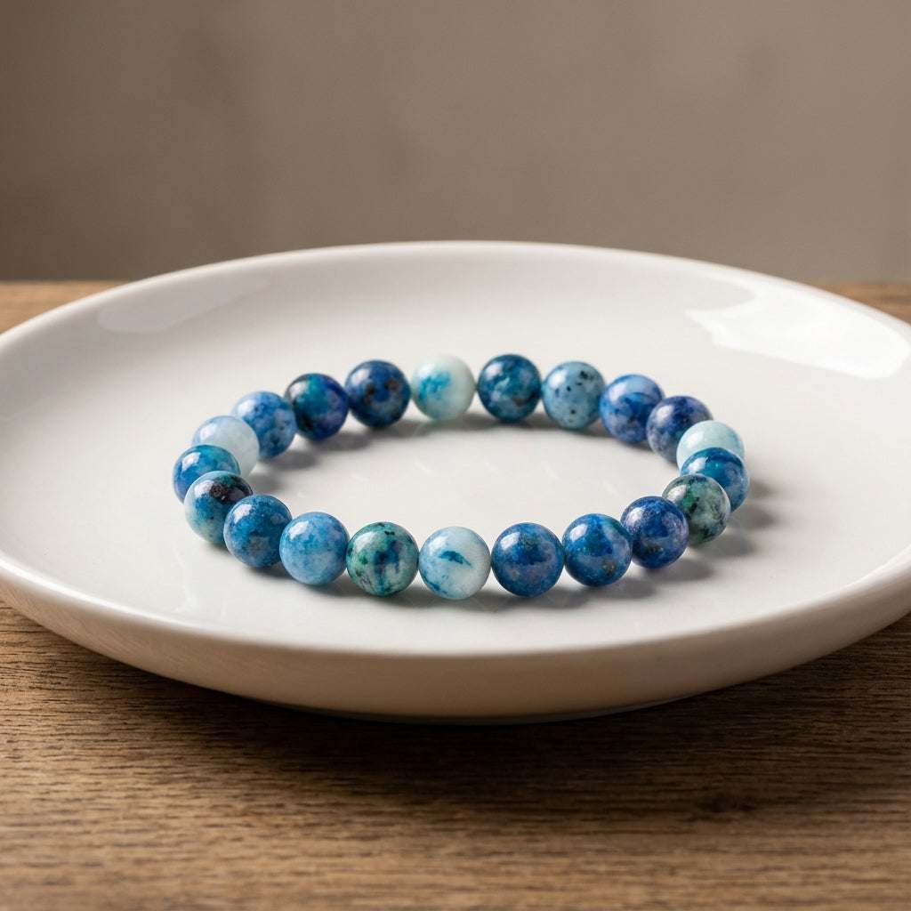 You will be generating high-quality product photos for an online stores product page. The product images should closely match the original products.
Here is the prompt (IMPORTANT!): """Display the 8mm Chrysocolla Bracelet on a minimalist, matte white