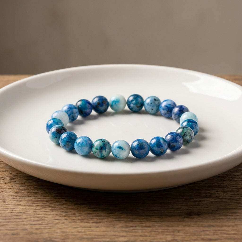 You will be generating high-quality product photos for an online stores product page. The product images should closely match the original products.
Here is the prompt (IMPORTANT!): """Display the 8mm Chrysocolla Bracelet on a minimalist, matte white