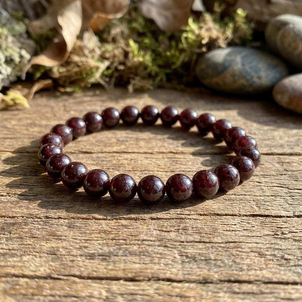 You will be generating high-quality product photos for an online stores product page. The product images should closely match the original products.
Here is the prompt (IMPORTANT!): """Generate a photorealistic style image of the 8mm Garnet Bracelet