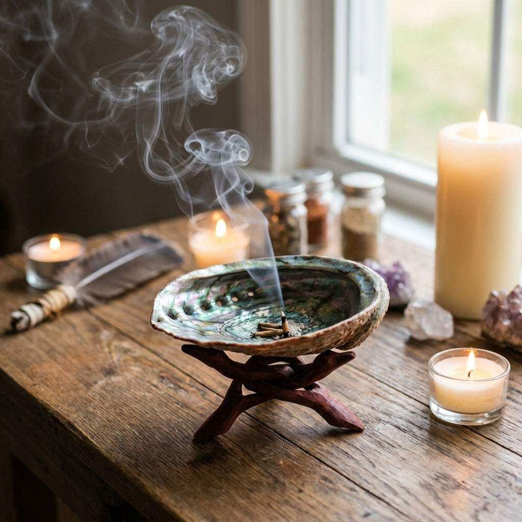 You will be generating high-quality product photos for an online stores product page. The product images should closely match the original products.
Here is the prompt (IMPORTANT!): """Lifestyle scene of the Abalone Shell Incense Burner With Stand, 5
