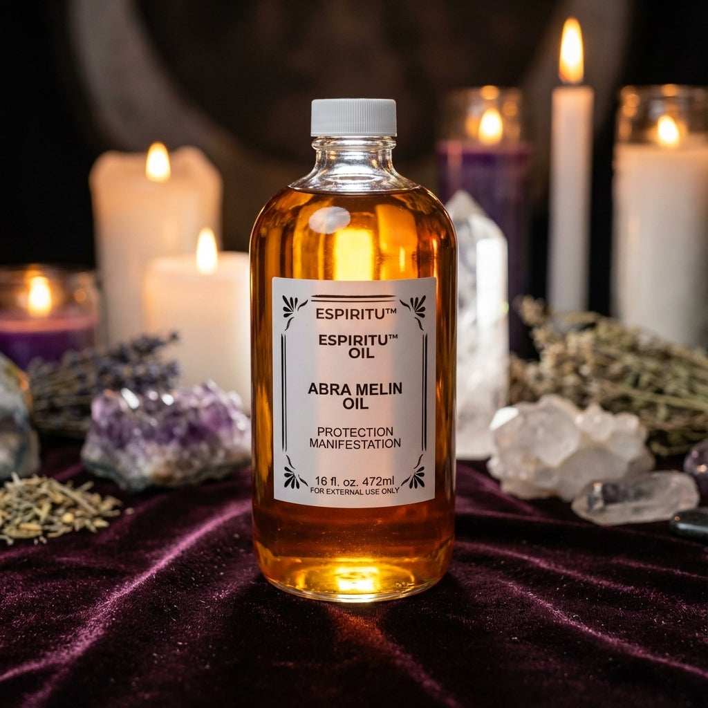 You will be generating high-quality product photos for an online stores product page. The product images should closely match the original products.
Here is the prompt (IMPORTANT!): """A cinematic, studio-lit composition of the Abra Melin Oil Blend 1