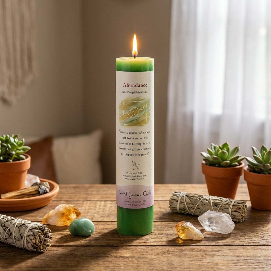 You will be generating high-quality product photos for an online stores product page. The product images should closely match the original products.
Here is the prompt (IMPORTANT!): """A serene, lifestyle scene capturing the 'Abundance Reiki Charged
