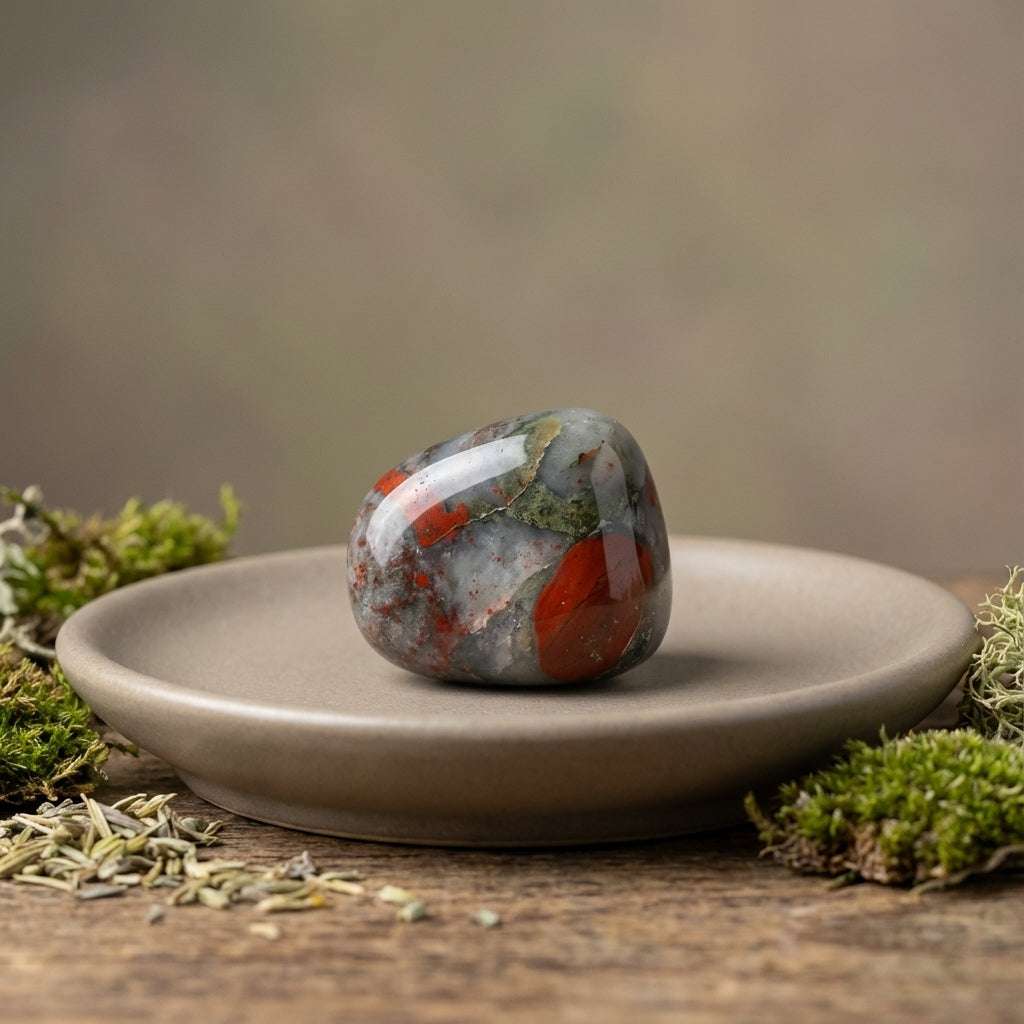 You will be generating high-quality product photos for an online stores product page. The product images should closely match the original products.
Here is the prompt (IMPORTANT!): """A studio shot of a single African Bloodstone Tumbled Stone displa