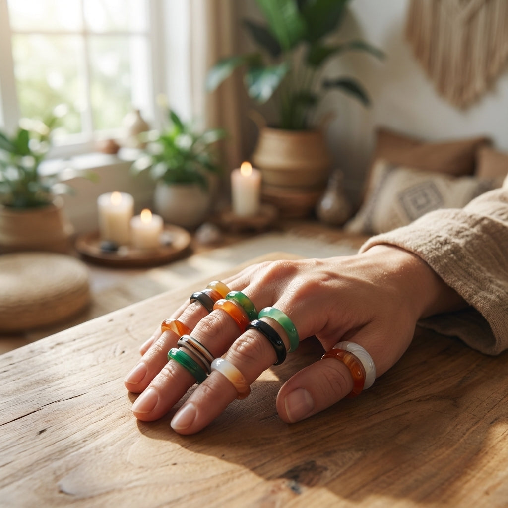 You will be generating high-quality product photos for an online stores product page. The product images should closely match the original products.
Here is the prompt (IMPORTANT!): """A cinematic lifestyle scene showcasing the Agate Banded Rings Set