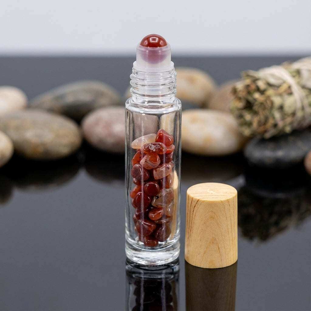 You will be generating high-quality product photos for an online stores product page. The product images should closely match the original products.
Here is the prompt (IMPORTANT!): """A highly detailed, photorealistic image of a 10ml Agate Red Rolle