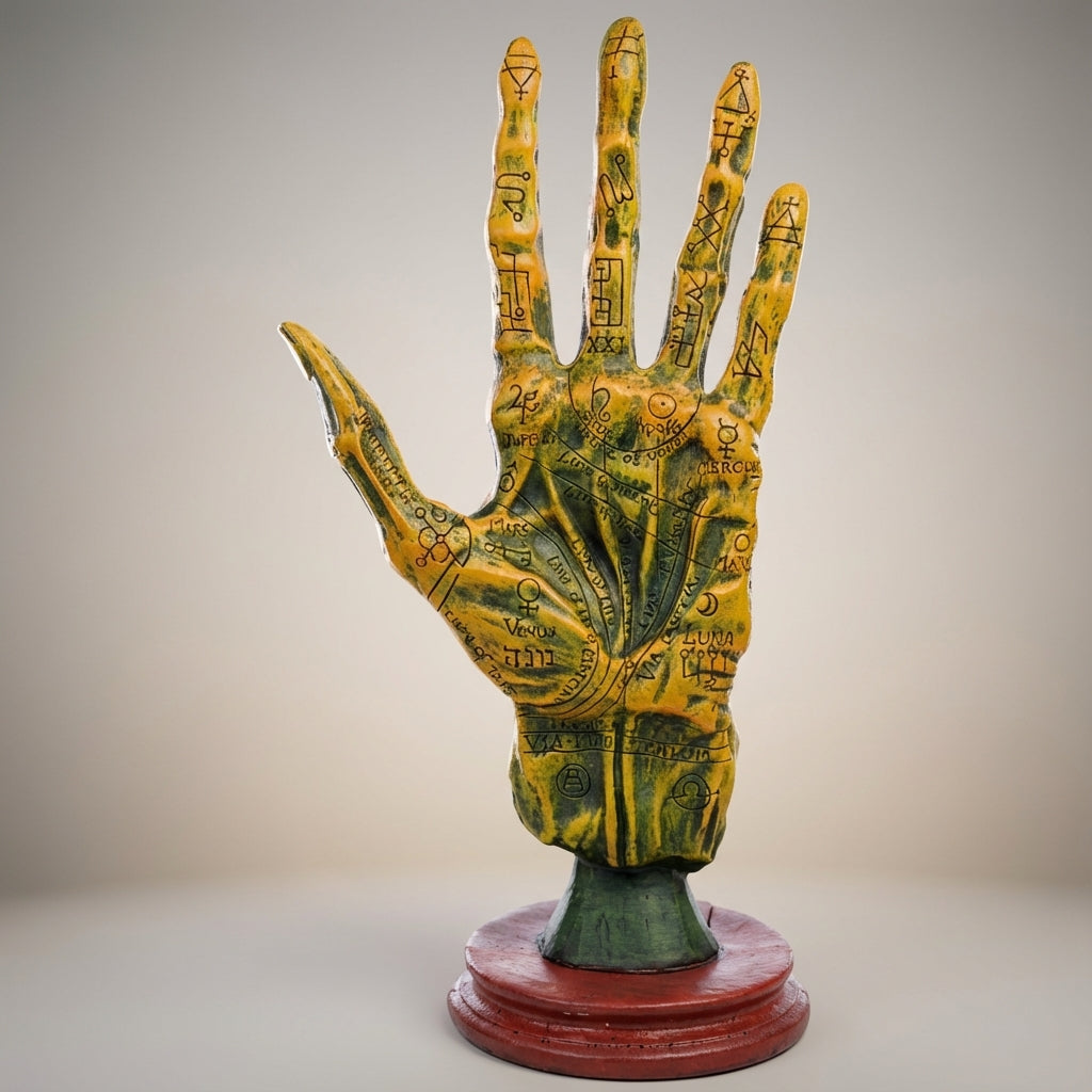 You will be generating high-quality product photos for an online stores product page. The product images should closely match the original products.
Here is the prompt (IMPORTANT!): """A studio shot capturing the Alchemy Palmistry Hand in an upright