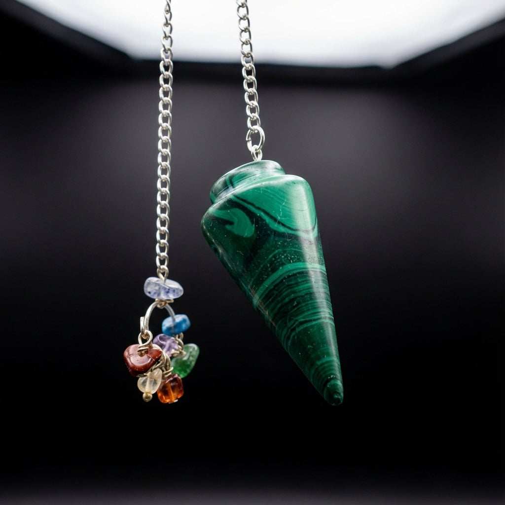 A high-resolution studio shot of a Malachite pendulum, suspended in mid-air within a sleek, modern photography studio. The pendulum's conical bob carved from polished synthetic Malachite, showcasing intricate, swirling green and black grain patterns, subtl