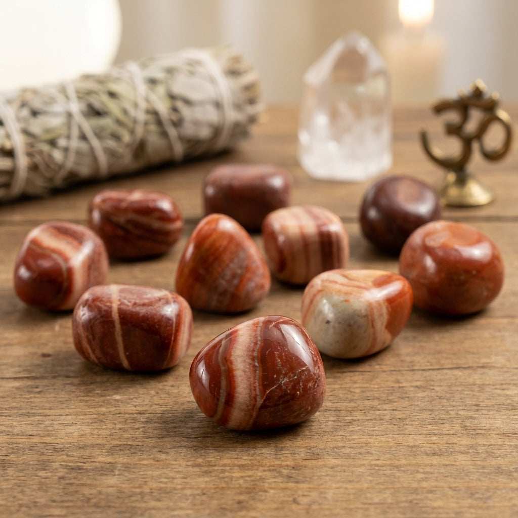 Depict a serene, spiritual ambiance with the 'Red Malachite Tumbled Stones' placed in a natural, softly lit setting on a wooden table. Use an HDR studio light setup with diffused daylight bulbs to illuminate the stones evenly, emphasizing their glossy, pol