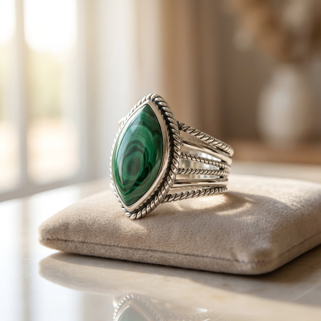 Visualize the 'size 11 Malachite ring' displayed in an artistic, lifestyle scene on a softly illuminated neutral-toned velvet cushion, with natural diffused daylight coming from a large window to create a bright, inviting atmosphere. Use a 50mm portrait le