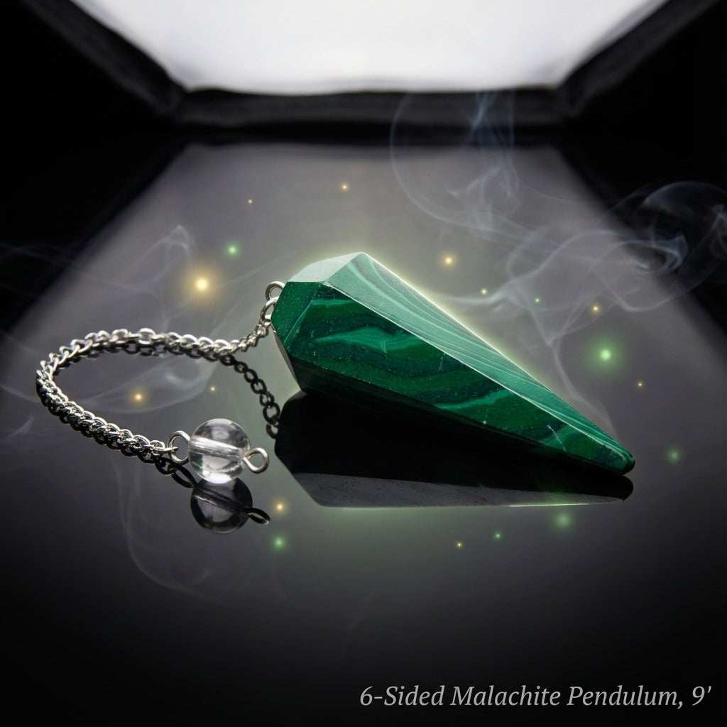 6-Sided Malachite Pendulum, 9", shown in use