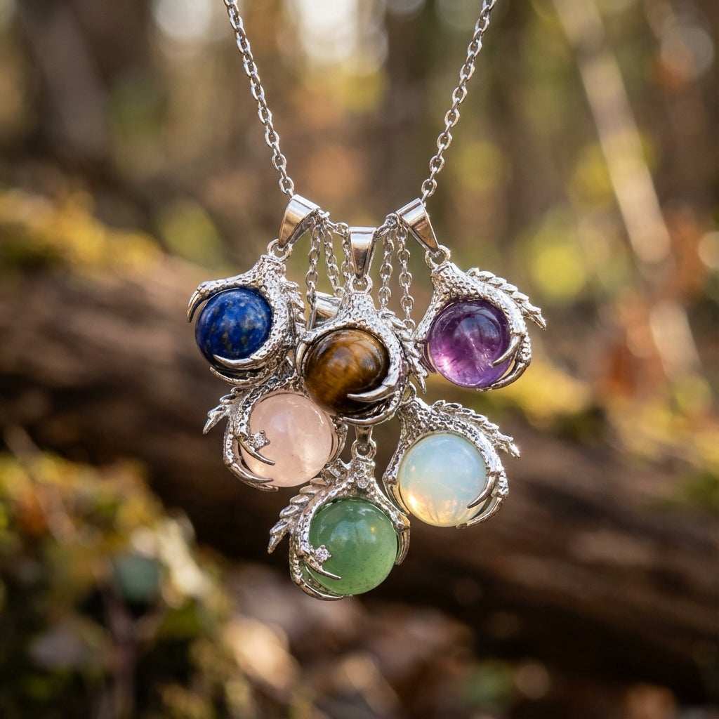 A close-up, lifestyle-inspired scene featuring the Dragon Claw Pendants set worn by a model with a softly blurred, natural outdoor background in daylight. Using a Nikon D850 with an 85mm macro lens, the focus is tight on the six pendants hanging from a del