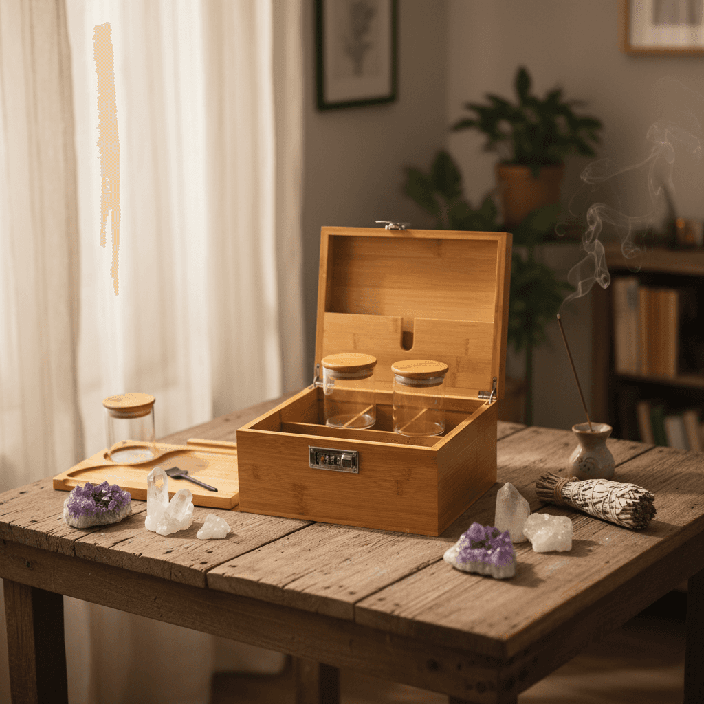 A lifestyle scene featuring the wooden stash box on a rustic wooden table amidst ritual accessories—crystal clusters, incense, and a sage bundle—set in a softly lit, ambient room with natural daylight filtering through sheer curtains. The focus is a wide-a