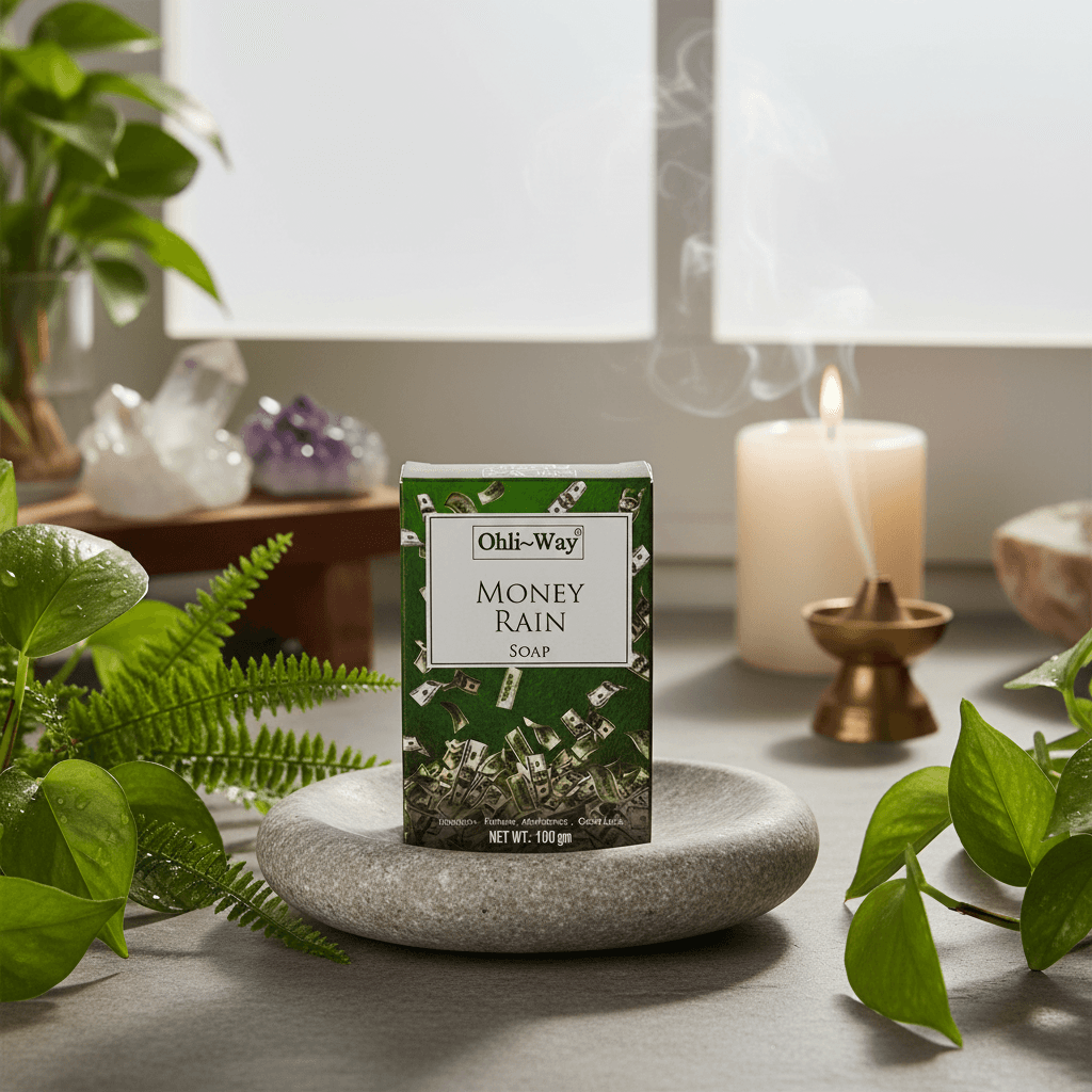A lifestyle scene capturing the Money Rain Soap in a tranquil, pristine bathroom setup. The soap rests on a natural stone soap dish, surrounded by lush green plants and soft, ambient daylight filtering through a frosted glass window. A partially blurred ba